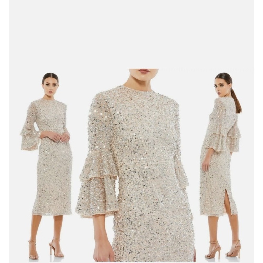 Embellished Sequin Midi Dress with Tiered Sleeves